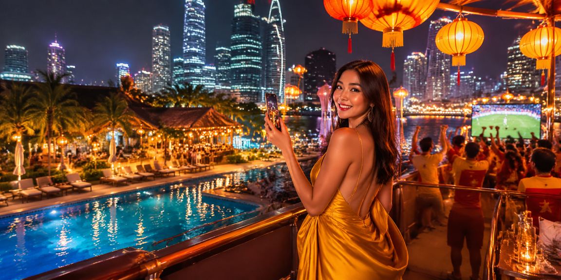 Người dùng tại chợ đêm Hà Nội xem ưu đãi tiền thưởng trên điện thoại